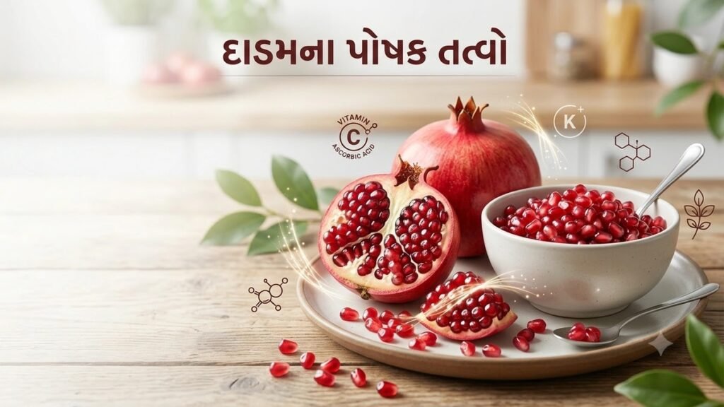 દાડમના લાલ દાણા અને પોષક તત્વો દર્શાવતી પૌષ્ટિક ફળની તસવીર