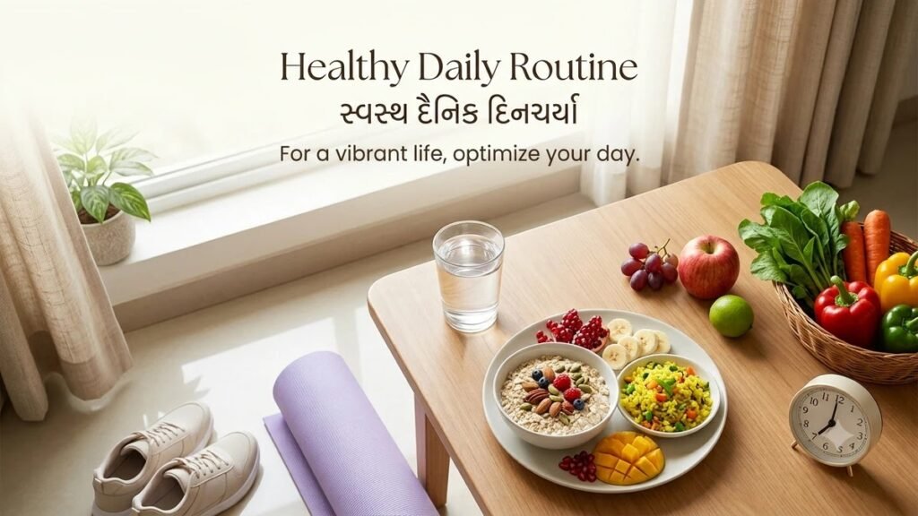 સ્વસ્થ દૈનિક દિનચર્યા માટે હેલ્ધી બ્રેકફાસ્ટ, ફળો, પાણી અને યોગા મેટ દર્શાવતું લાઈફસ્ટાઈલ ચિત્ર