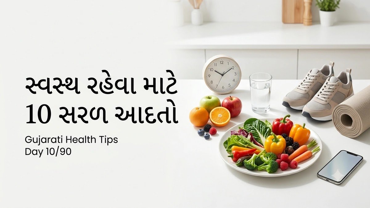 સ્વસ્થ રહેવા માટે 10 સરળ આદતો દર્શાવતું હેલ્ધી લાઇફસ્ટાઇલ ઇન્ફોગ્રાફિક - 90 Days Health Series Day 10