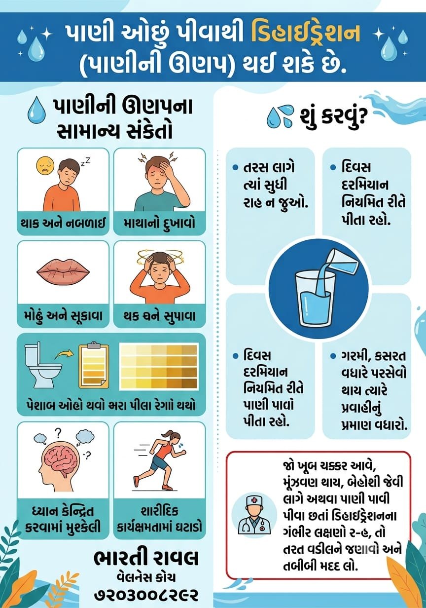 પાણી ઓછું પીવાથી શરીરમાં પાણીની ઉણપ અને ડિહાઇડ્રેશનના સંકેતો