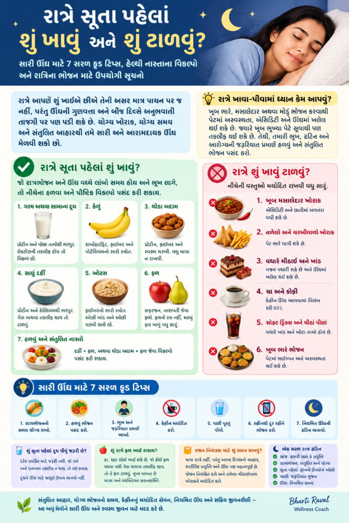 રાત્રે સૂતા પહેલાં શું ખાવું અને સારી ઊંઘ માટે હેલ્ધી ફૂડ ટિપ્સ