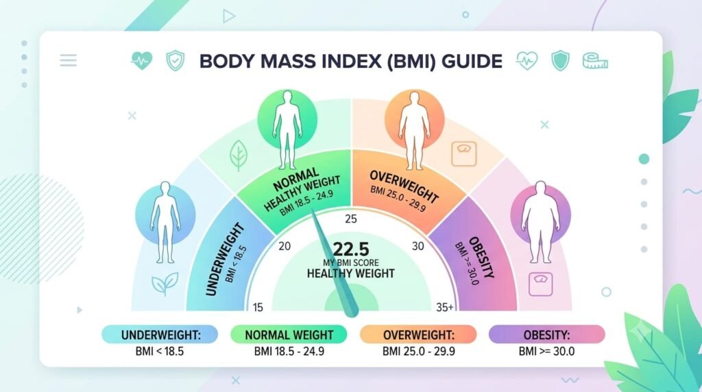 BMI Calculator in Gujarati દ્વારા BMI અને વજનની શ્રેણી સમજાવતું ચાર્ટ