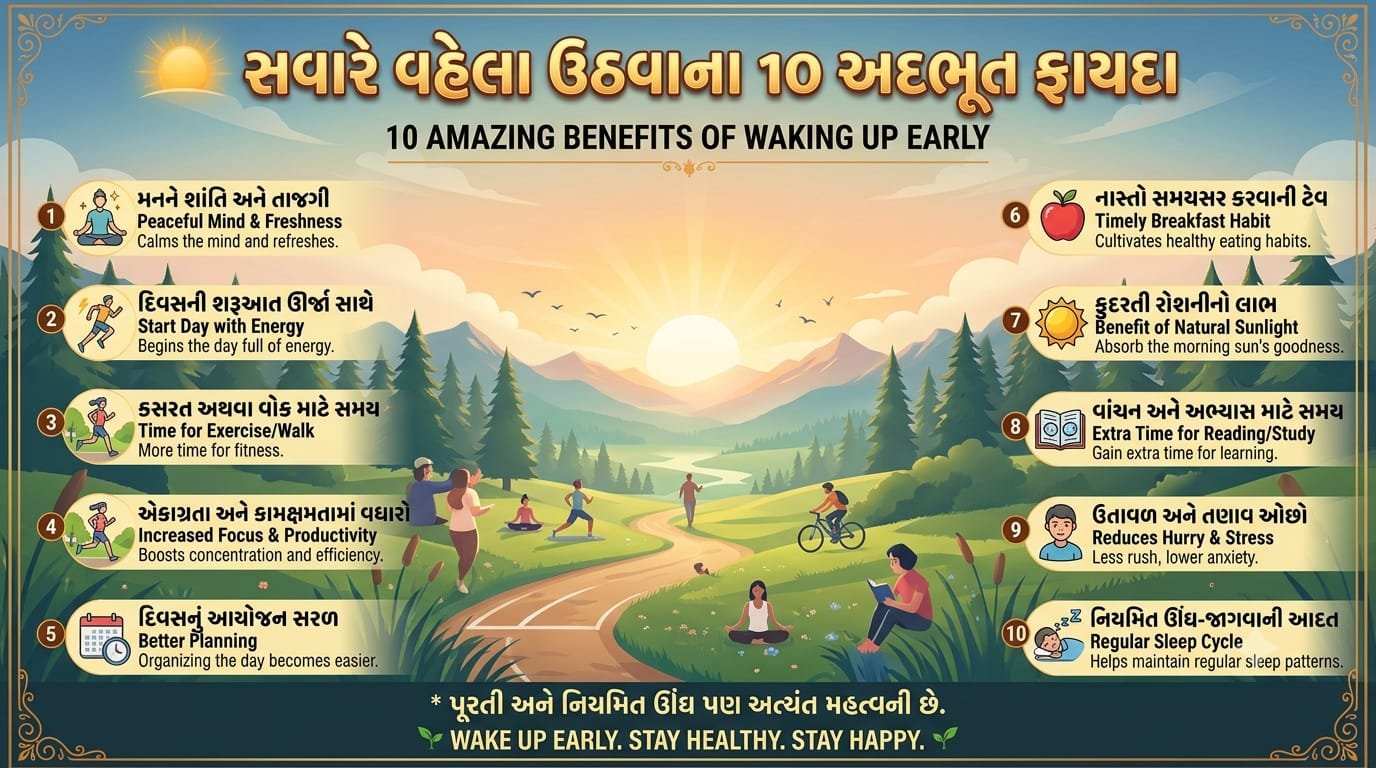 સવારે વહેલા ઉઠીને સ્વસ્થ સવારની શરૂઆત કરતી વ્યક્તિ