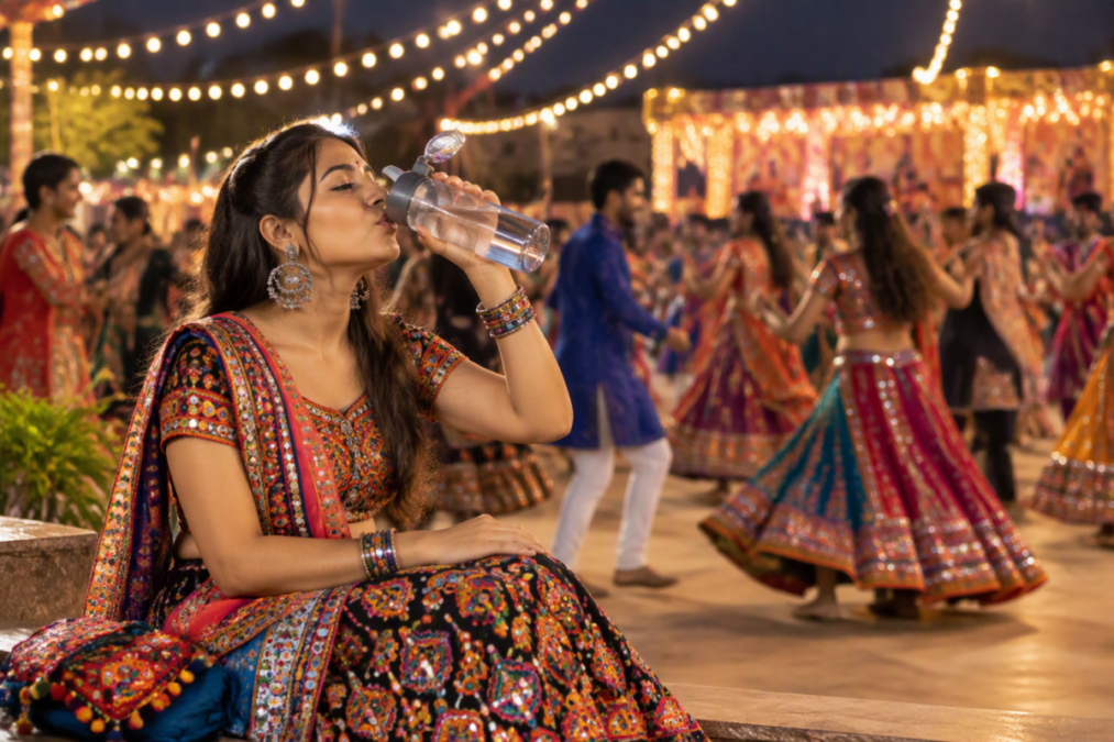 ગરબા રમતી વખતે થાક ટાળવા પાણી પીતી ગુજરાતી મહિલા