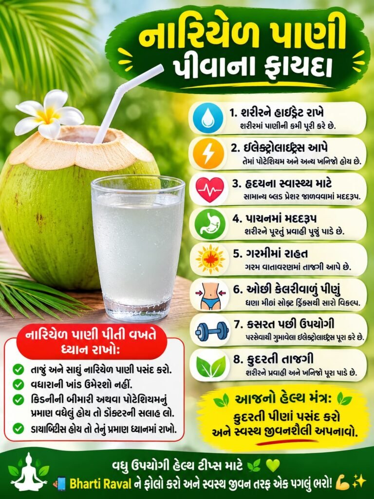 નાળિયેર પાણી પીવાના ફાયદા, શરીરને હાઇડ્રેટ રાખવા અને પીતી વખતે રાખવાની સાવચેતીઓ દર્શાવતું ગુજરાતી ઇન્ફોગ્રાફિક