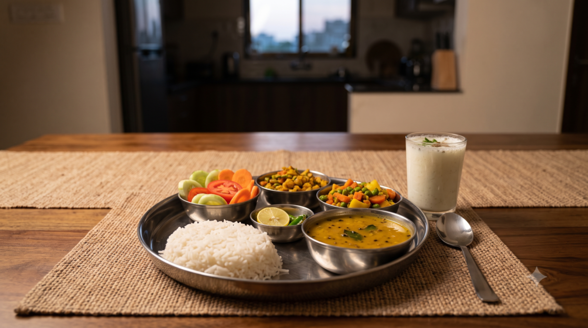 રાત્રે ભાત ખાવાથી વજન વધે છે કે નહીં તે સમજાવતી સંતુલિત ભોજનની થાળી